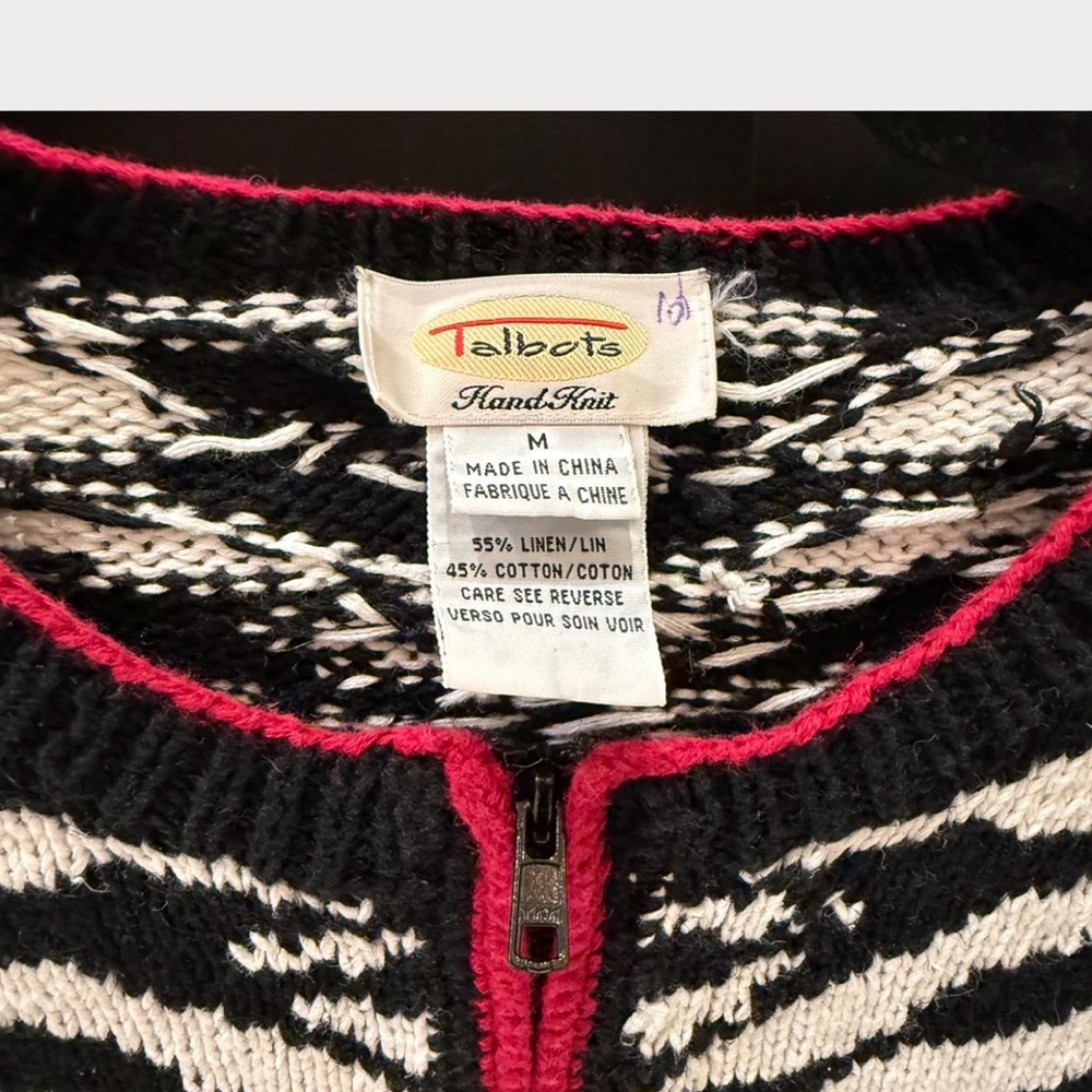 Vintage Talbots Black & White Zebra Cardigan with Red Trim - Picture 3 of 3